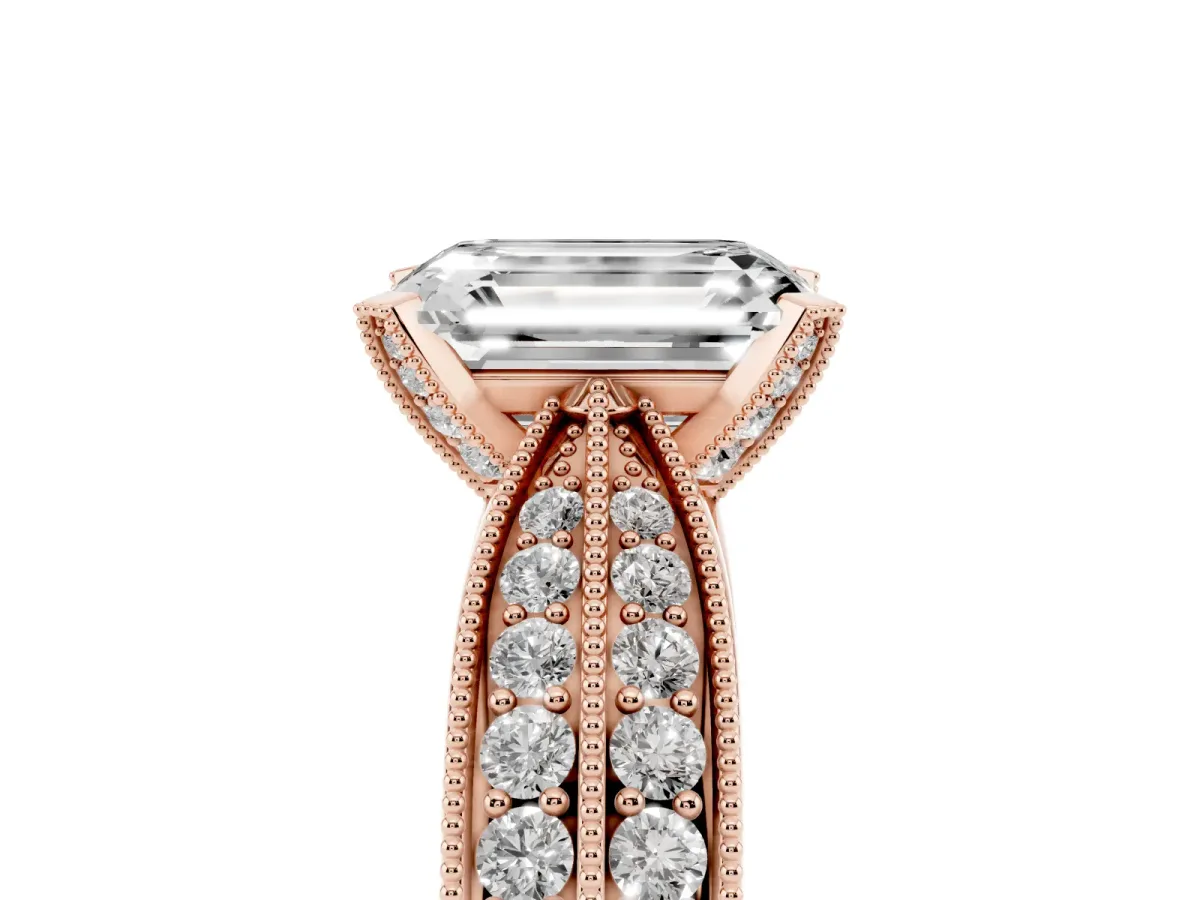 Emerald Cut Diamond Solitaire Ring with Milgrain Round Pavé Band and Prong Setting Rose gold