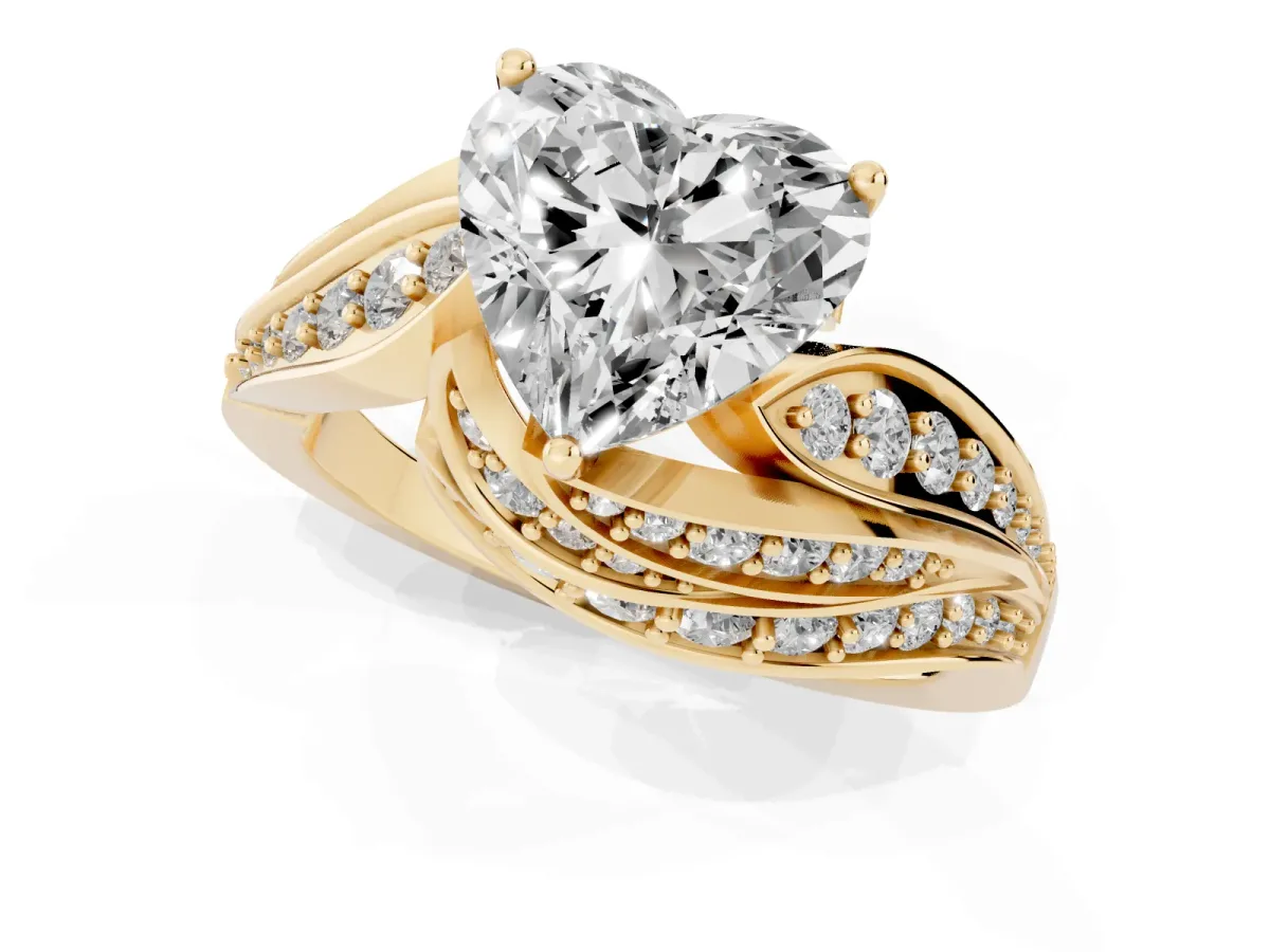 Heart Cut Diamond Solitaire Ring with Prong Setting and Twisted Pavé Band Yellow gold