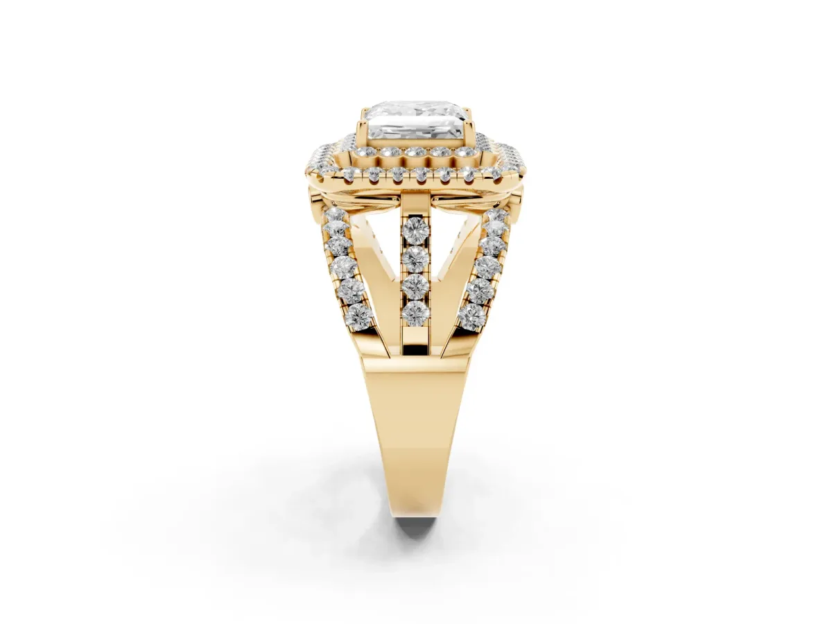 Princess Cut Diamond Double Halo Ring with Round Pavé Split Shank and Prong Setting Yellow gold