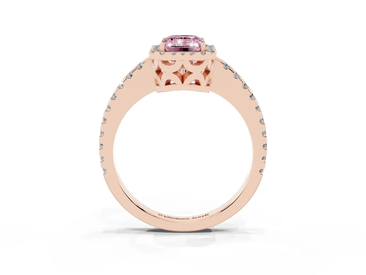 Fancy Pink Emerald Cut Diamond Halo Engagement Ring with Pavé Band and Prong Setting Rose gold