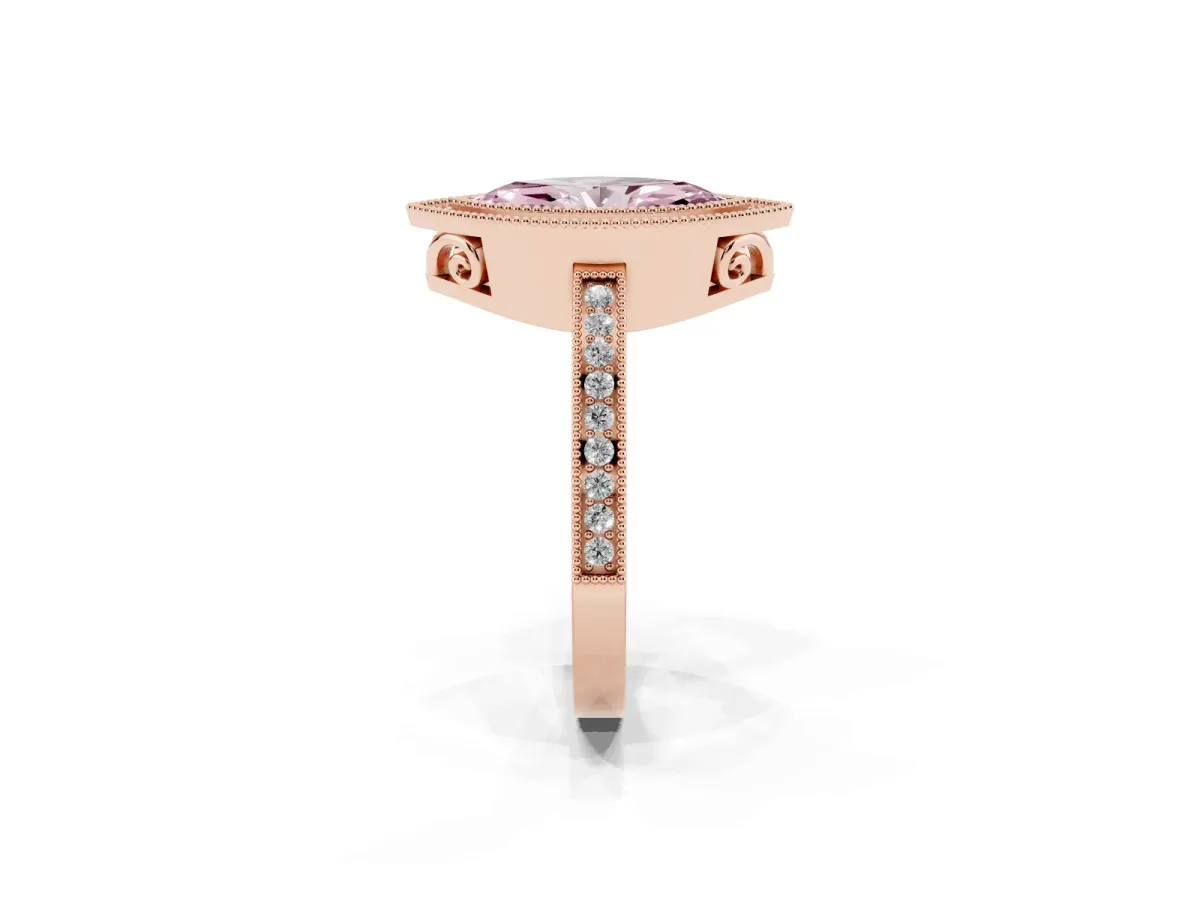 Fancy Pink Marquise Cut Cut Halo Diamond Ring with Pavé Band and Milgrain Prong Setting Rose gold