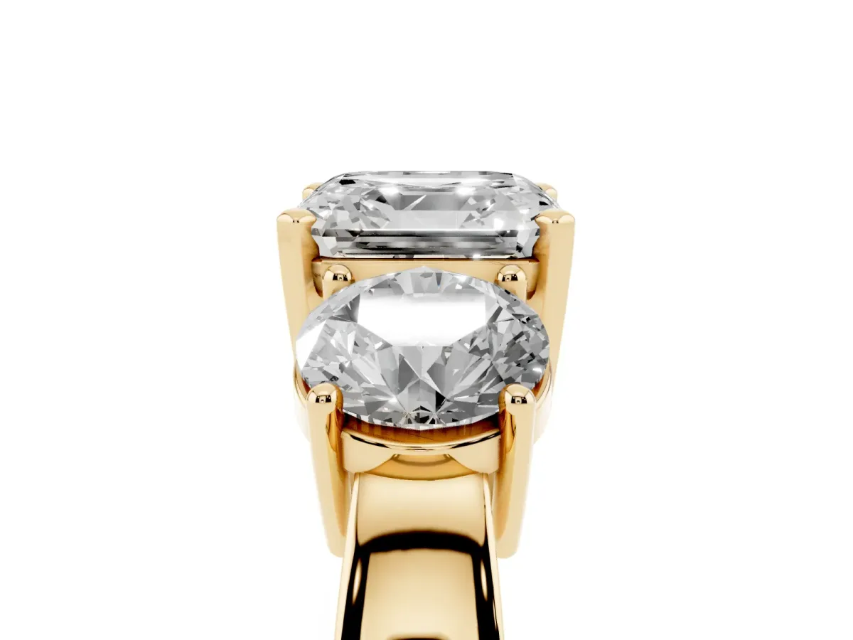 Three-Stone Asscher Cut Diamond Ring with Round Side Stones, Classic Band, and Four-Prong Setting Yellow gold