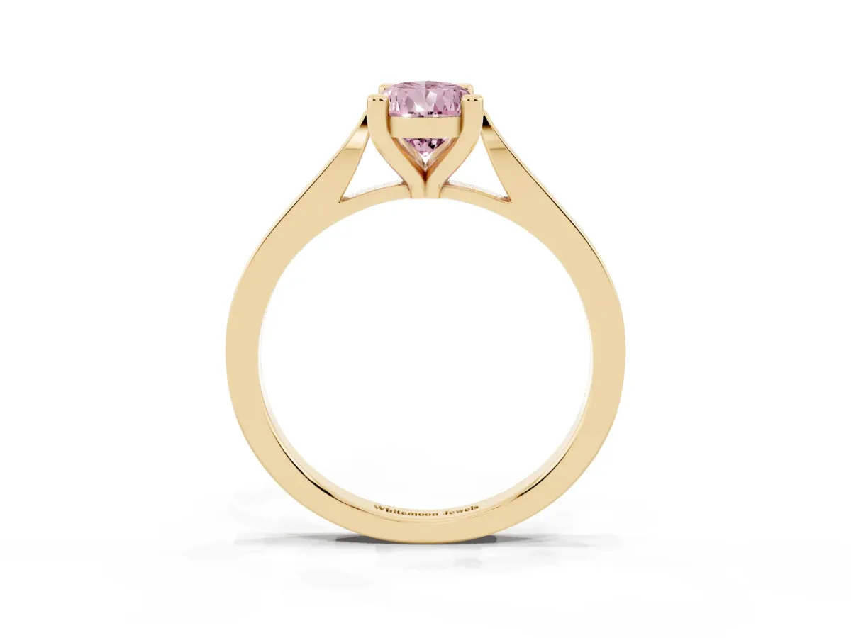 Fancy Pink Pear Cut Solitaire Diamond Ring with Four-Prong Setting and Tapered Band Yellow gold