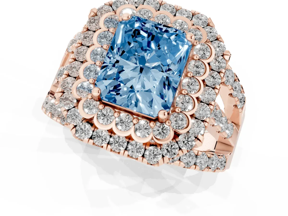 Fancy Blue Radiant Cut Diamond Double Halo Ring with Round Pavé Split Shank and Prong Setting Rose gold