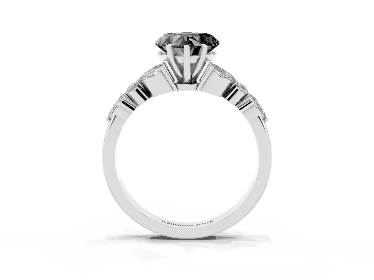 Fancy Black Heart Cut Diamond Solitaire Ring with Side Stones and Four-Prong Setting Silver