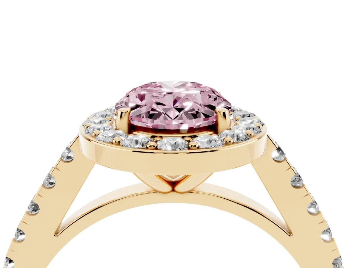 Fancy Pink Oval Cut Diamond Halo Ring with Round Pavé Split Shank and Prong Setting Yellow gold