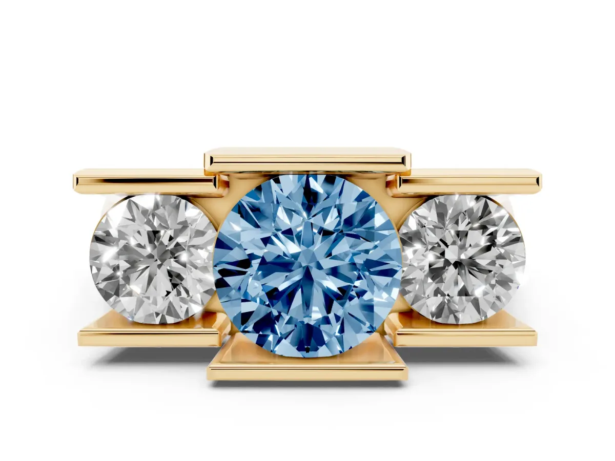 Fancy Blue Three Stone Round Cut Cut Channel Set Diamond Ring Yellow gold
