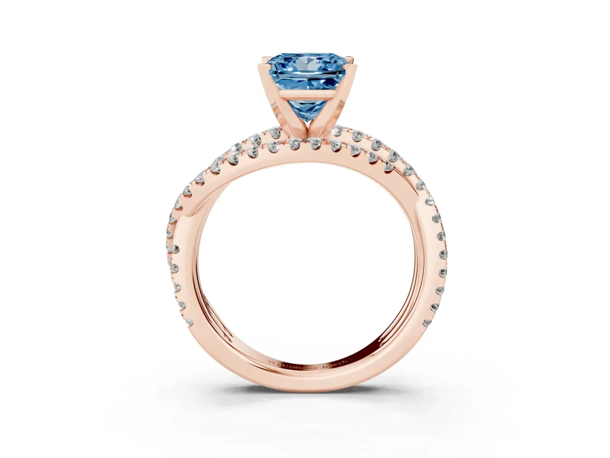 Fancy Blue Princess Cut Solitaire Twist Band with Pavé Setting and Four-Prong Setting Rose gold