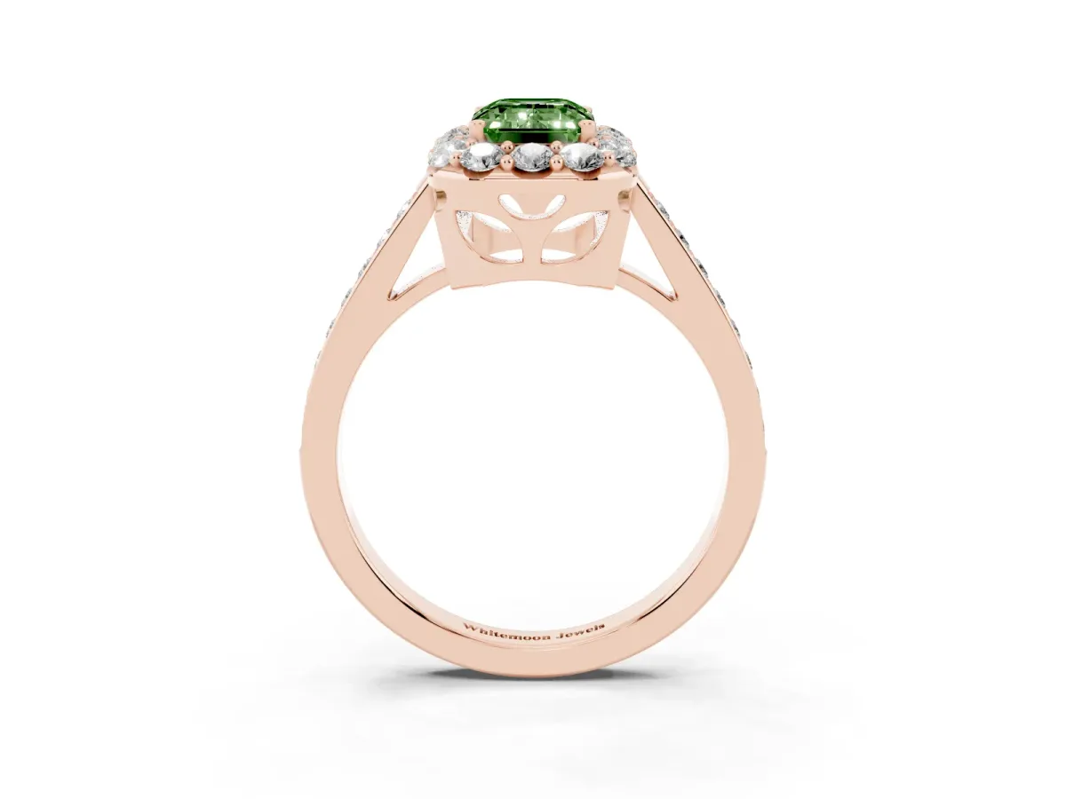 Fancy Green Emerald Cut Diamond Floral Halo Ring with Pavé Band and Prong Setting Rose gold
