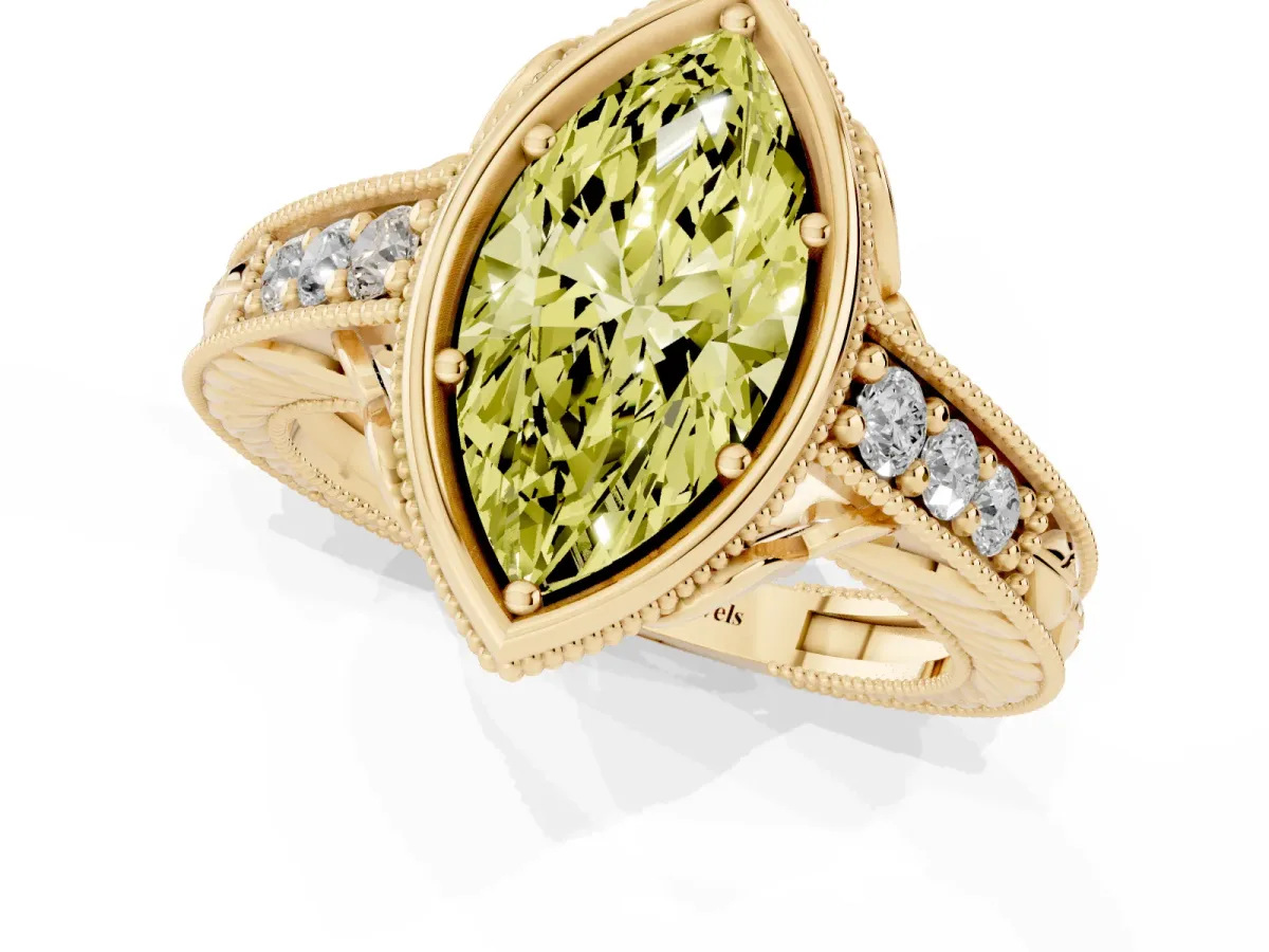 Fancy Yellow Bezel Set Marquise Cut Diamond Milgrain Pave Engagement Ring Yellow gold