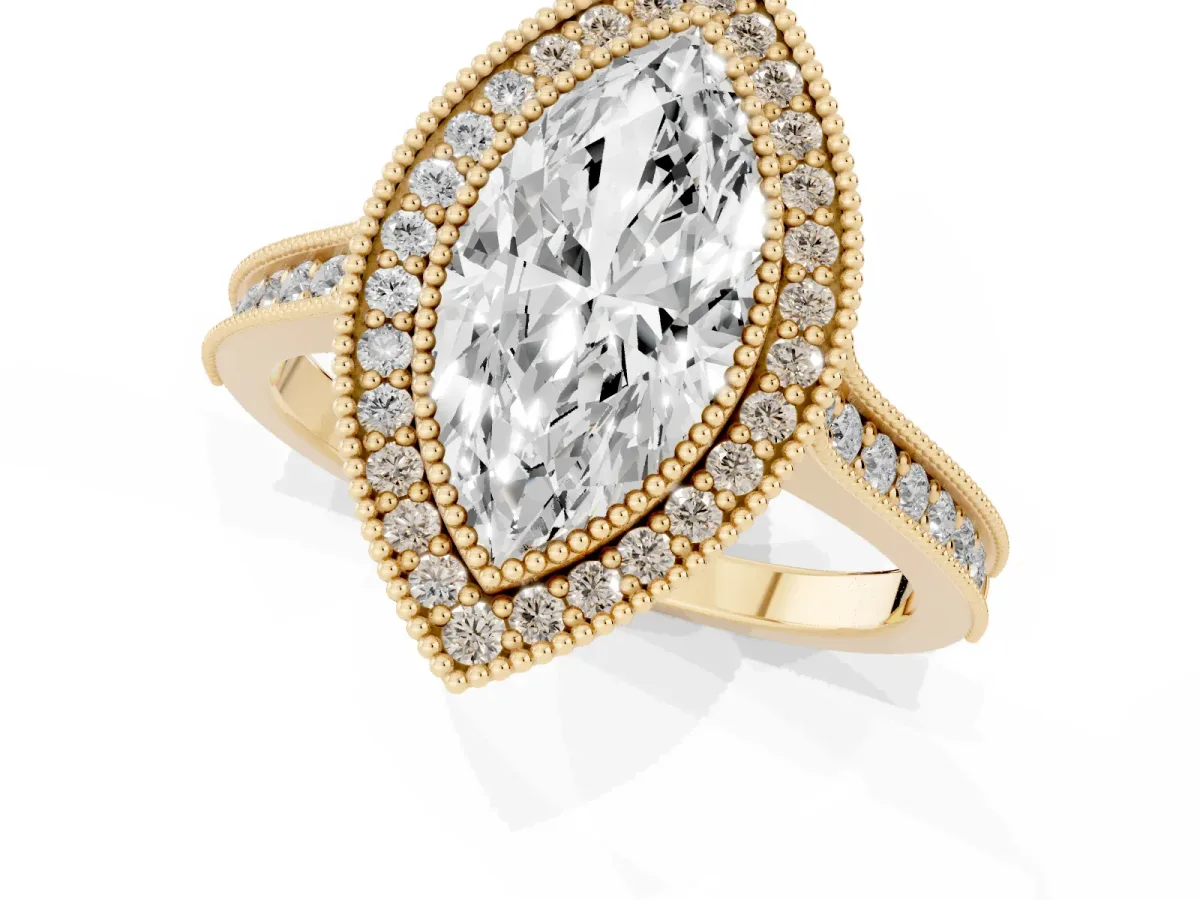 Halo Marquise Cut-Cut Diamond Pave Band Milgrain Prong Setting Ring Yellow gold