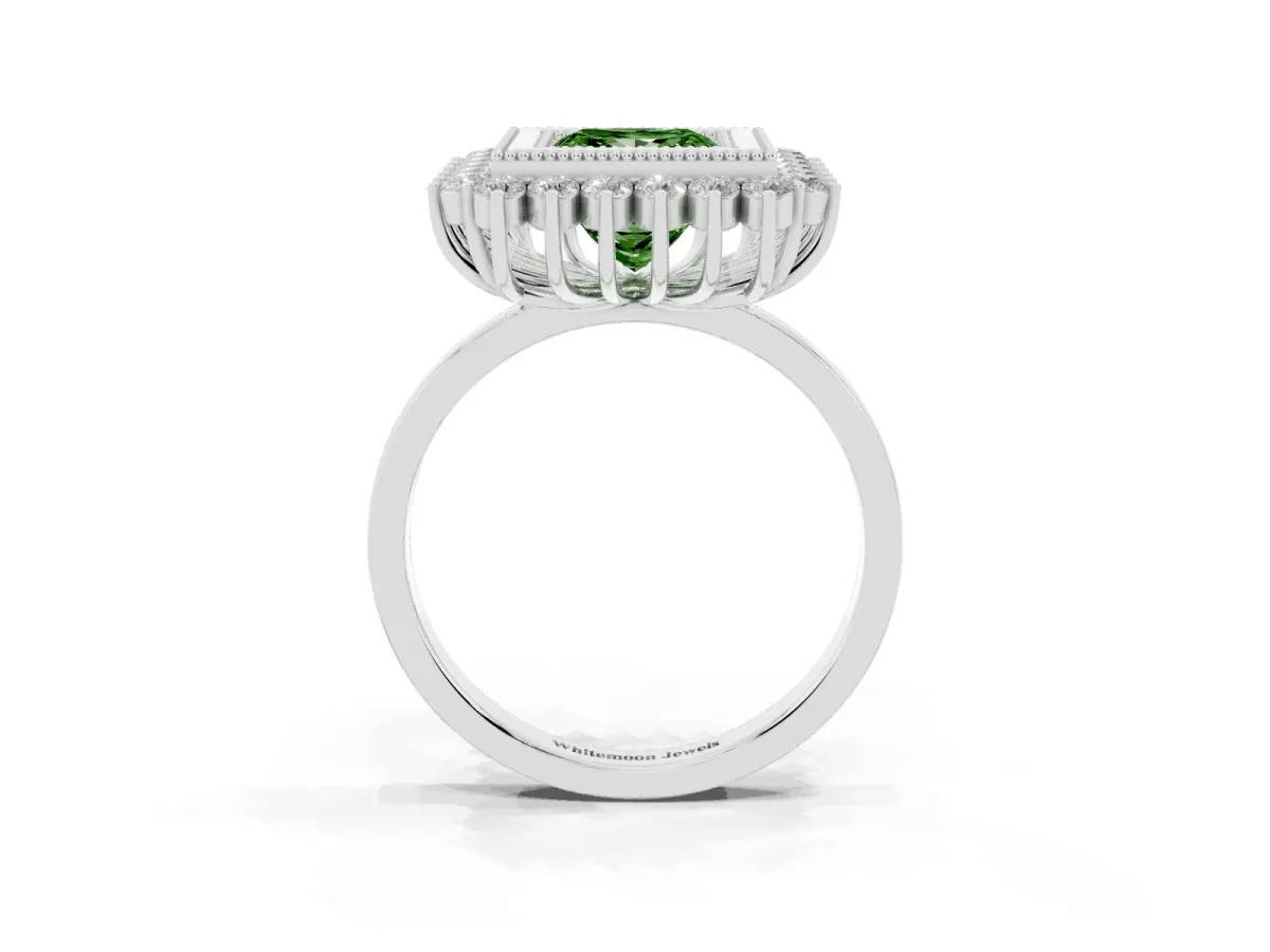 Fancy Green Princess Cut Halo Diamond Ring with Milgrain Edge and Round Prong Setting Silver