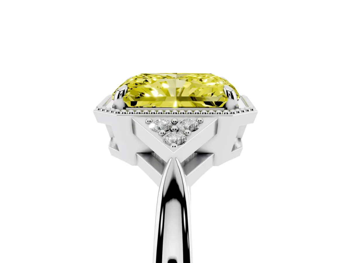 Fancy Yellow Radiant Cut Diamond Halo Ring with Tapered Band and Four-Prong Setting White gold