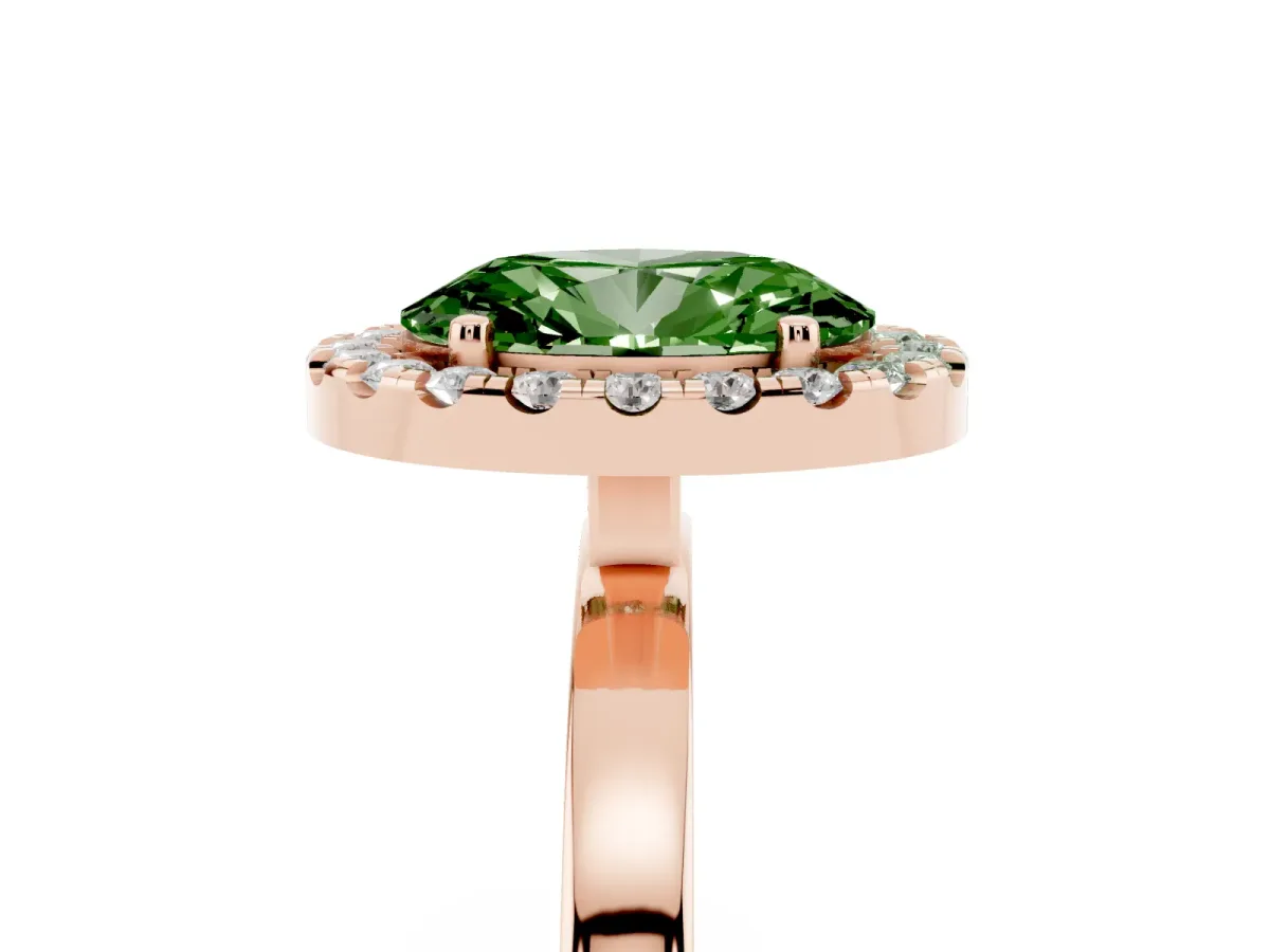 Fancy Green Oval Cut Halo Diamond Solitaire with Pavé Band and Four-Prong Setting Rose gold