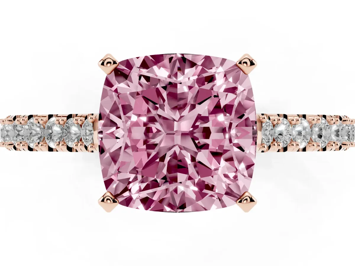 Fancy Pink Cushion Cut Cut Solitaire Diamond Engagement Ring with Pave Band and Four-Prong Setting Rose gold