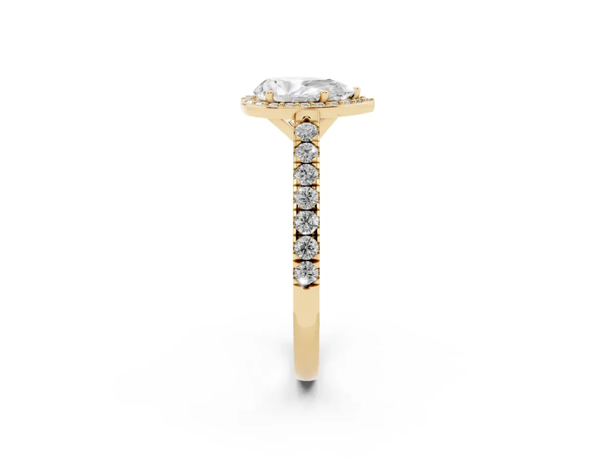 Pear Cut Cut Halo Diamond Engagement Ring with Pave Band and Four-Prong Setting Yellow gold