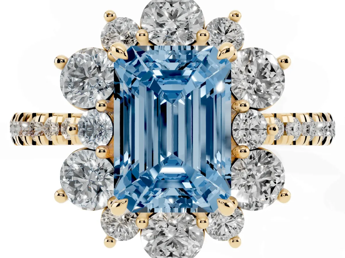 Fancy Blue Emerald Cut Diamond Floral Halo Ring with Round Pavé Band and Prong Setting Yellow gold