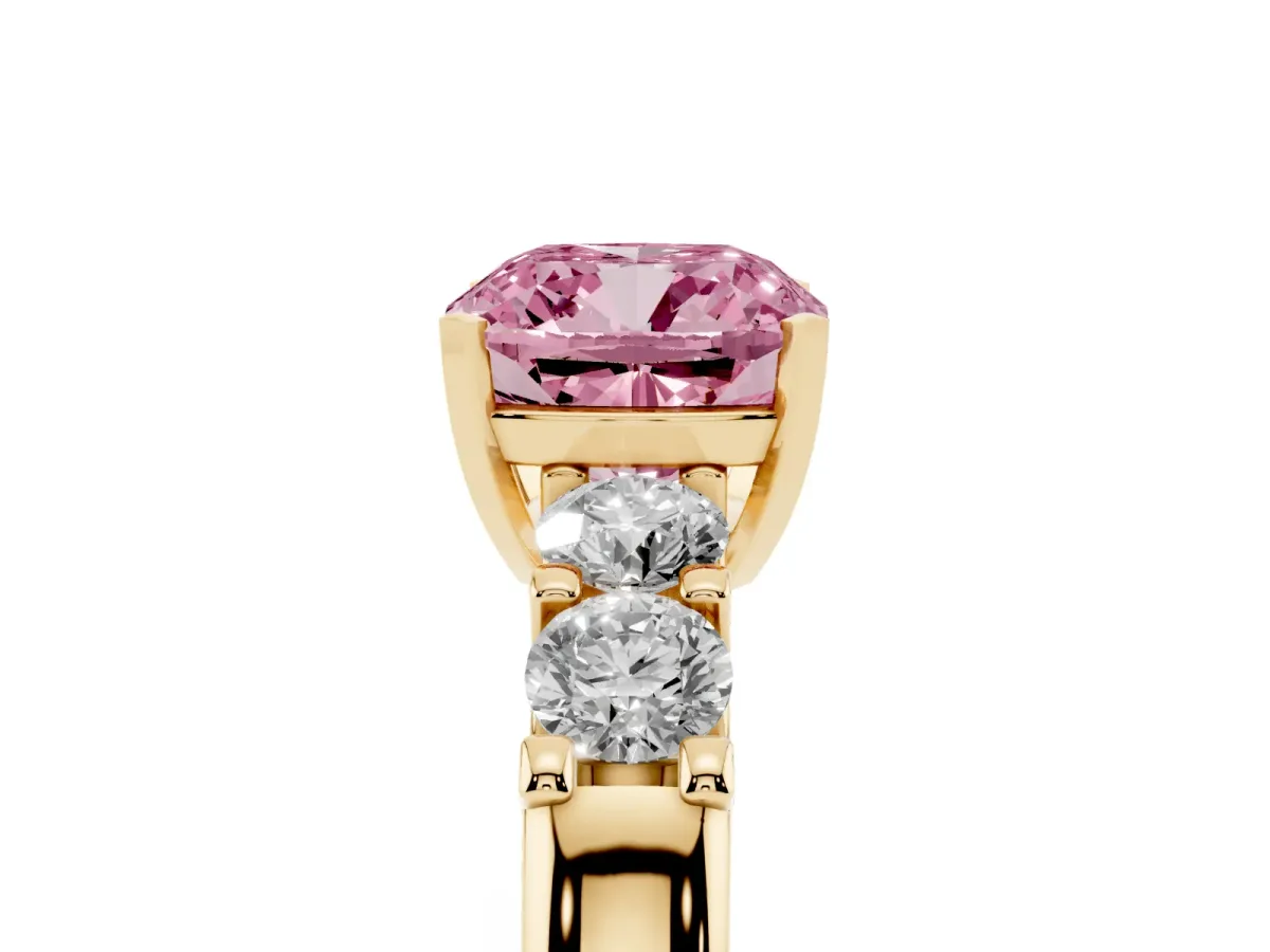 Fancy Pink Cushion Cut Brilliant Cut Diamond Five-Stone Prong Set Engagement Ring with Channel Band Yellow gold