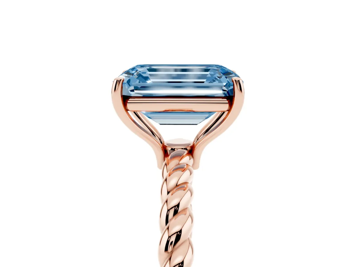 Fancy Blue Emerald Cut Solitaire Twist Band Ring with Four-Prong Setting Rose gold