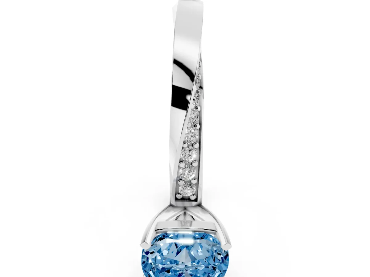 Fancy Blue Cushion Cut Diamond Engagement Ring with Side Stone Accents and Four-Prong Setting White gold