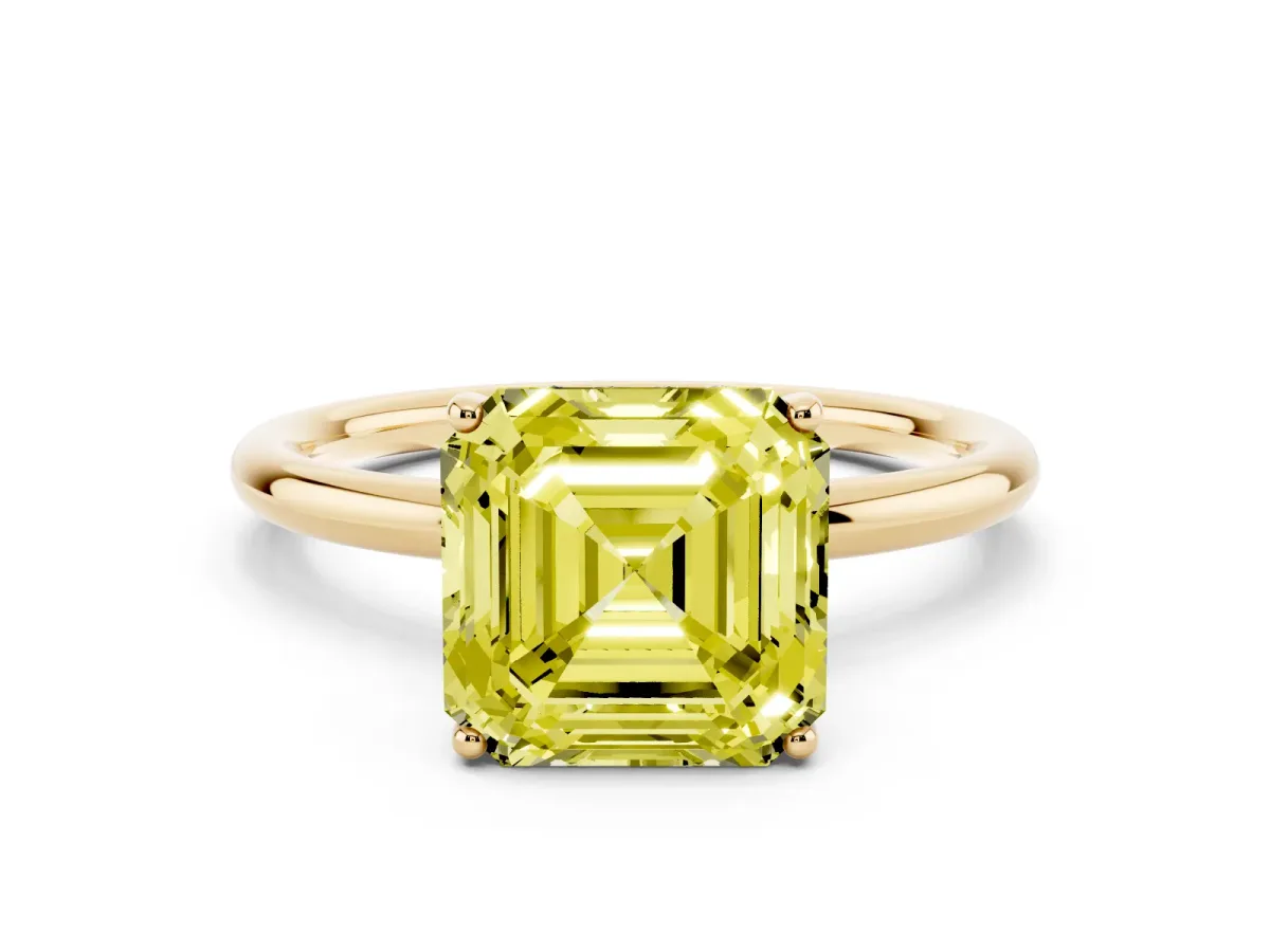 Fancy Yellow Asscher Cut Solitaire Diamond Ring with a Classic Band and Four-Prong Setting Yellow gold