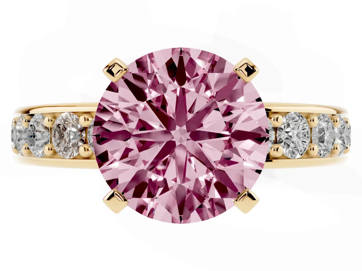 Fancy Pink Round Cut Diamond Engagement Ring with Channel Set Round Band and Prong Setting Yellow gold