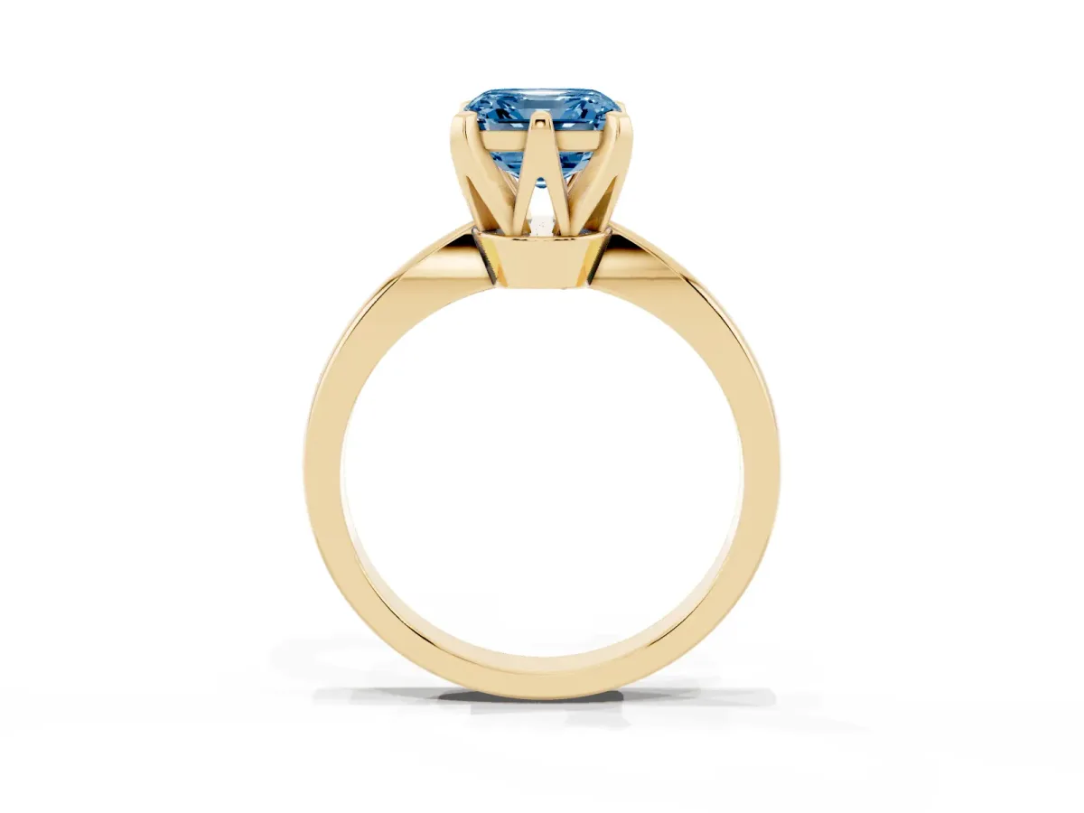 Fancy Blue Asscher Cut Solitaire Engagement Ring with Six-Prong Setting and Tapered Band Yellow gold