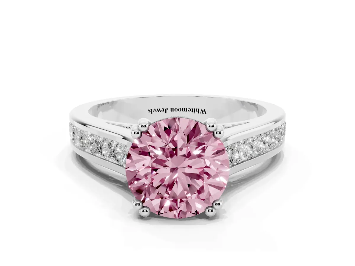 Fancy Pink Round Cut Cut Channel Set Solitaire Engagement Ring with Prong Setting Platinum