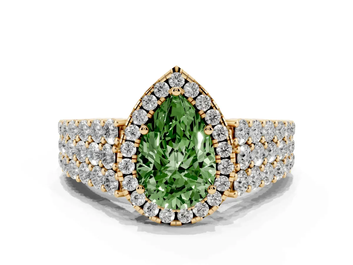 Fancy Green Pear Cut Diamond Halo Engagement Ring with Triple Row Round Pavé Band and Prong Setting Yellow gold