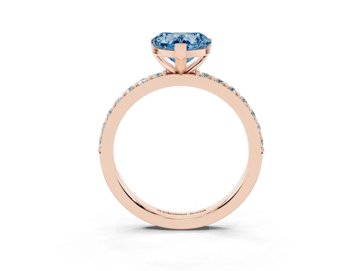 Fancy Blue Heart Cut Cut Diamond Solitaire with Pave Band and Four-Prong Setting Rose gold