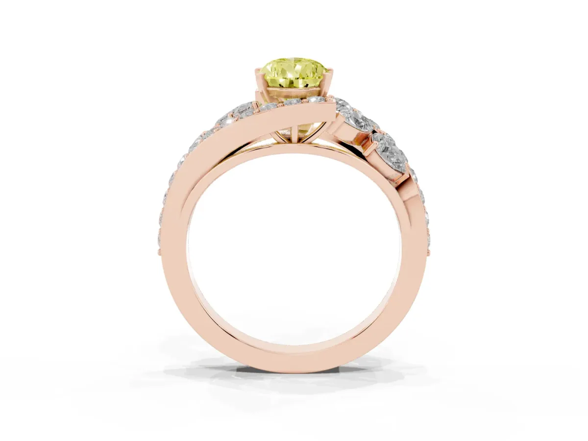 Fancy Yellow Pear Cut Diamond Halo Ring with Marquise and Pavé Band in Prong Setting Rose gold