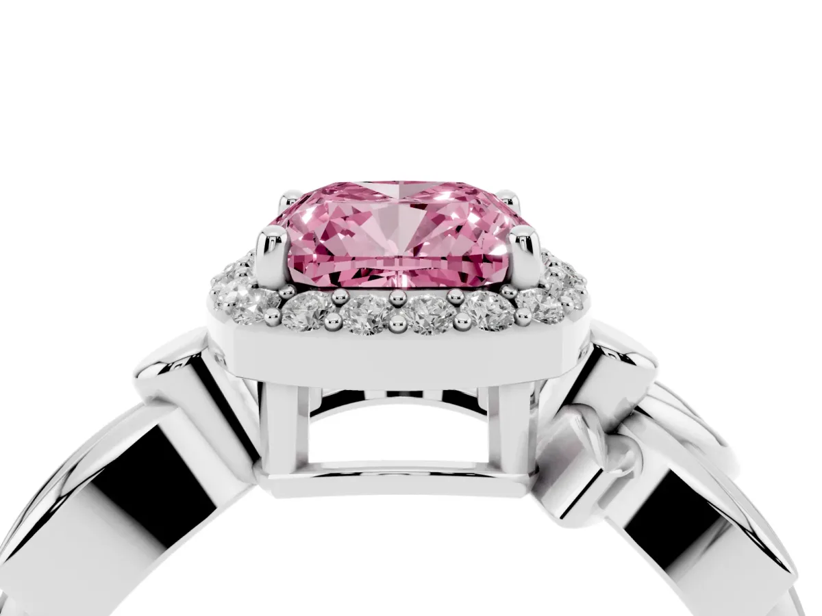 Fancy Pink Cushion Cut Halo Diamond Floral Band with Four-Prong Setting White gold