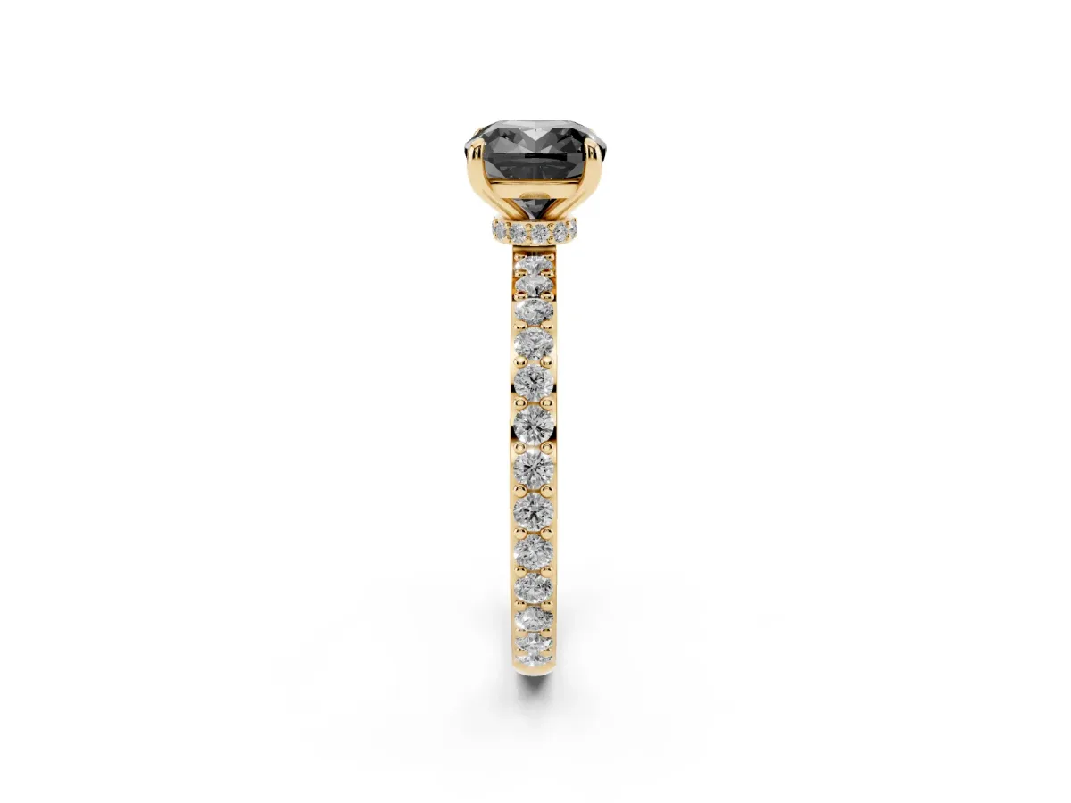 Fancy Black Cushion Cut Diamond Pavé Engagement Ring with Round Accents and Prong Setting Yellow gold