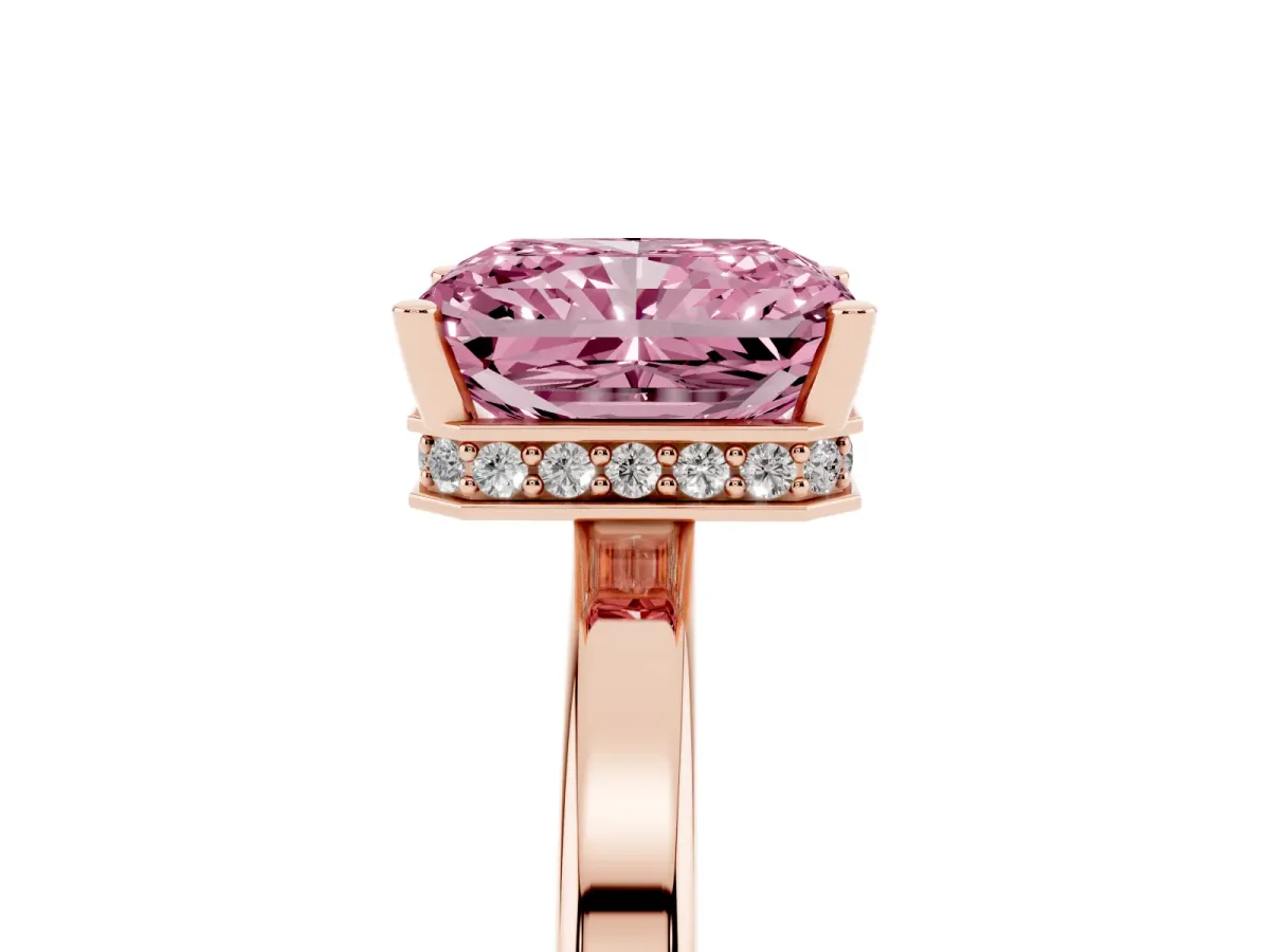 Fancy Pink Radiant Cut Cut Solitaire Engagement Ring with Four-Prong Setting on a Classic Band Rose gold