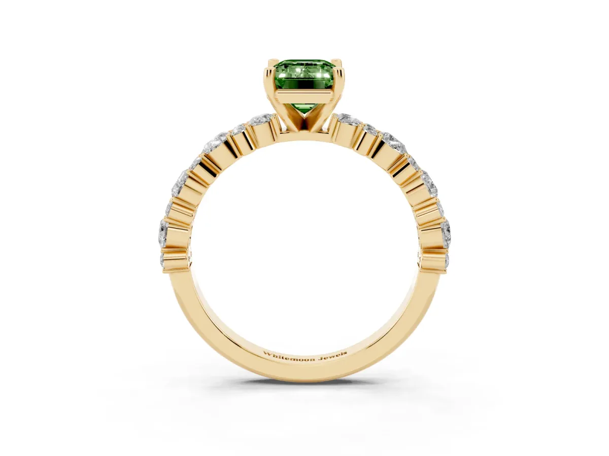 Fancy Green Emerald Cut Diamond Side Stone Solitaire Ring with Round and Four-Prong Setting Yellow gold