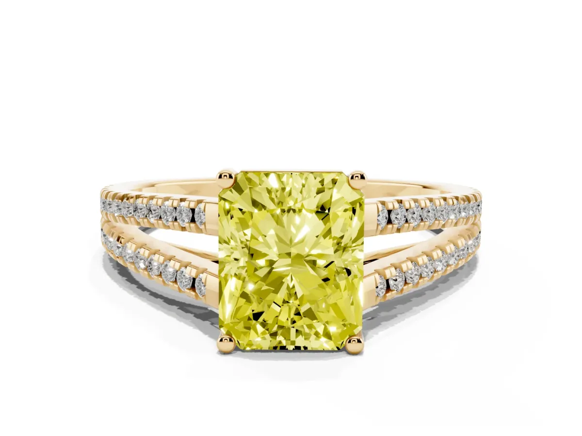 Fancy Yellow Radiant Cut Diamond Solitaire Engagement Ring with Split Shank Pavé Band Yellow gold