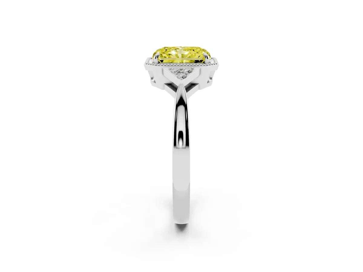 Fancy Yellow Hexagonal Halo Radiant Cut Diamond Solitaire with Pavé Band and Four-Prong Setting White gold