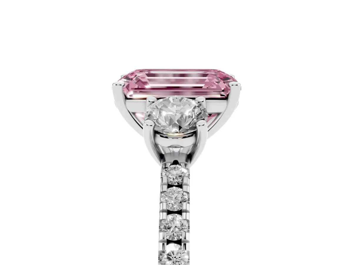 Fancy Pink Three-Stone Emerald Cut Cut Diamond Pavé Band with Prong Setting Silver