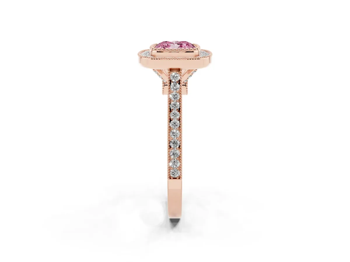 Fancy Pink Cushion Cut Diamond Halo Ring with Milgrain Frame and Pavé Band Rose gold