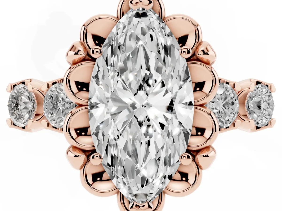 Marquise Cut Cut Diamond Floral Halo Engagement Ring with Shared Prong Setting Rose gold