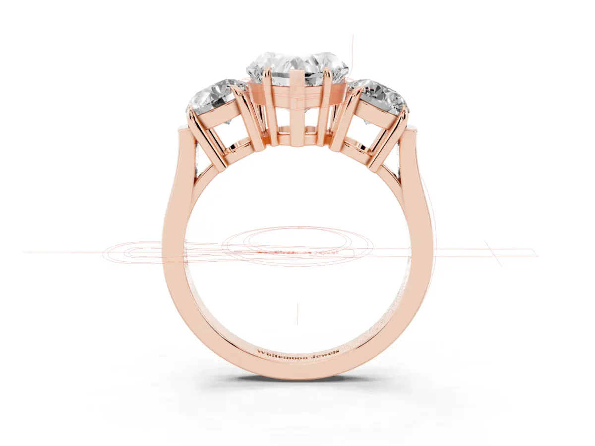 Three-Stone Heart Cut Cut Diamond Ring with Round Accent Stones, Prong Setting, and Classic Band Rose gold