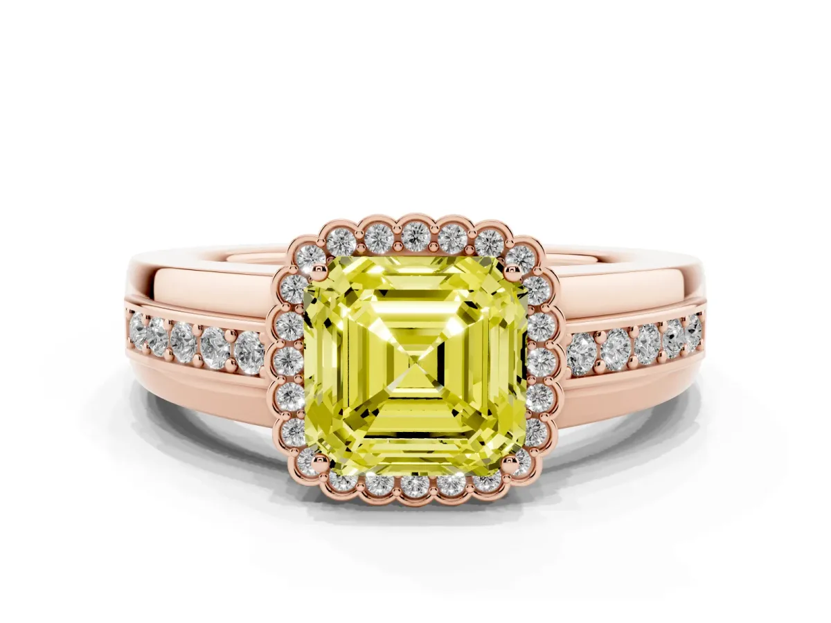 Fancy Yellow Asscher Cut Cut Halo Pave Band Four-Prong Ring Rose gold