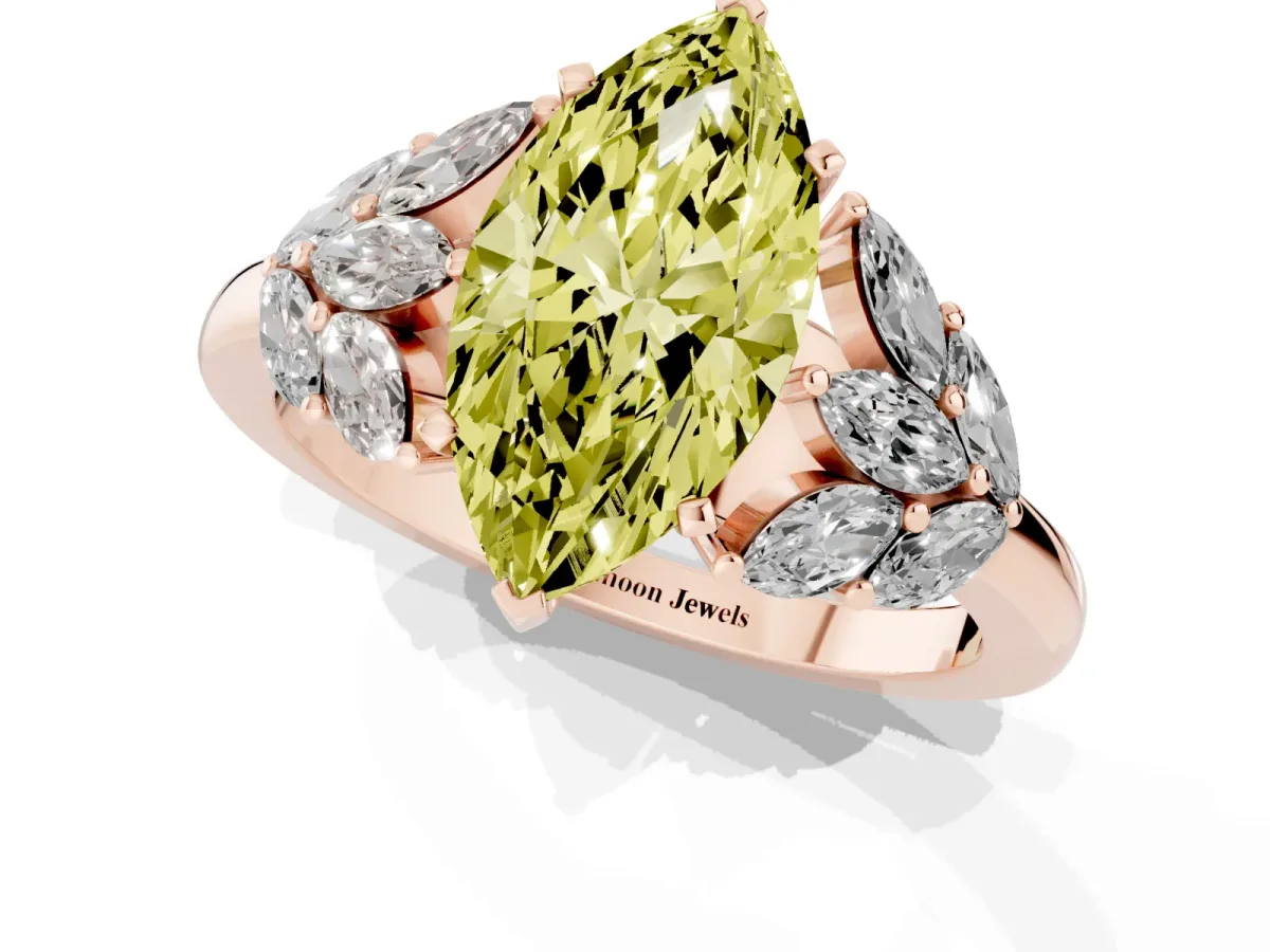 Fancy Yellow Marquise Cut Diamond Cluster Leaf Design Ring with Prong Setting Rose gold