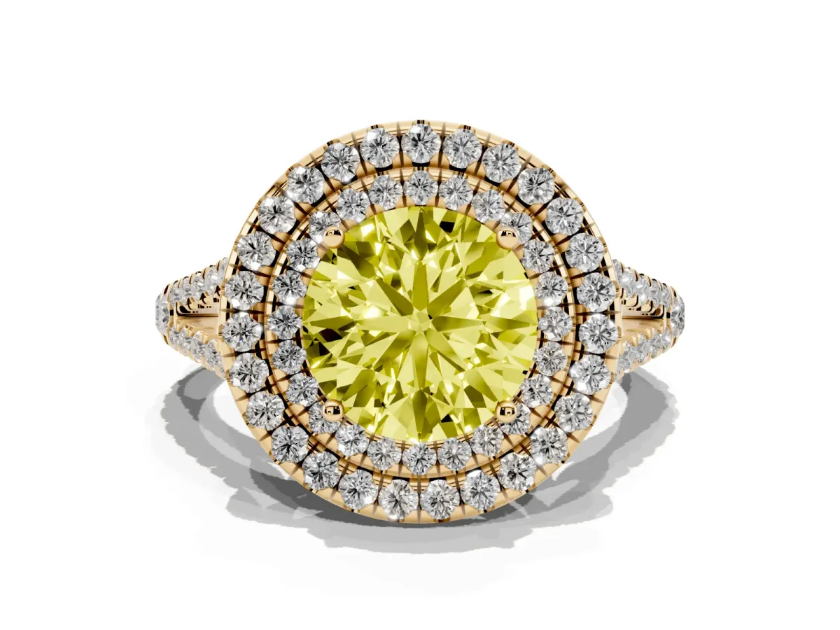 Fancy Yellow Round Cut Diamond Double Halo Ring with Pavé Band and Prong Setting Yellow gold