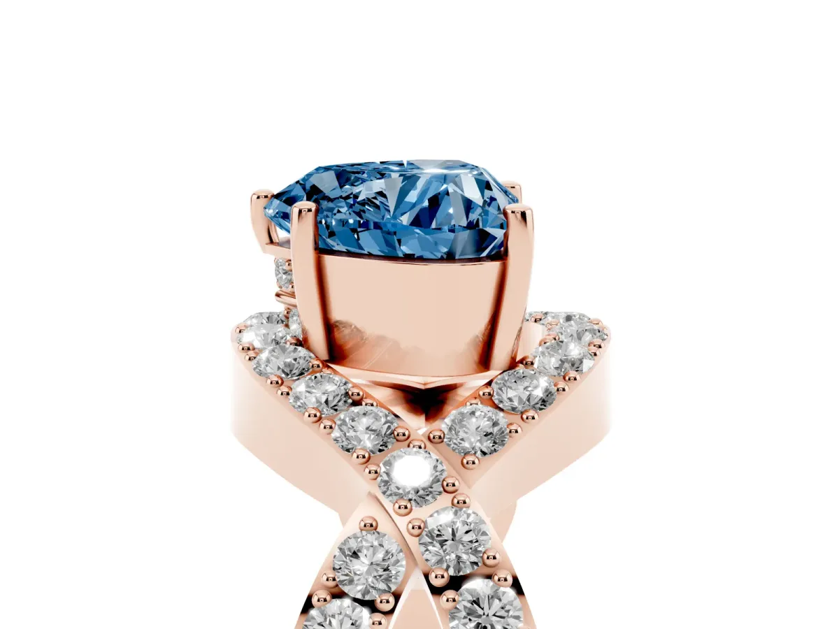 Fancy Blue Heart Cut Solitaire Twist Band Pavé Diamond Engagement Ring Rose gold