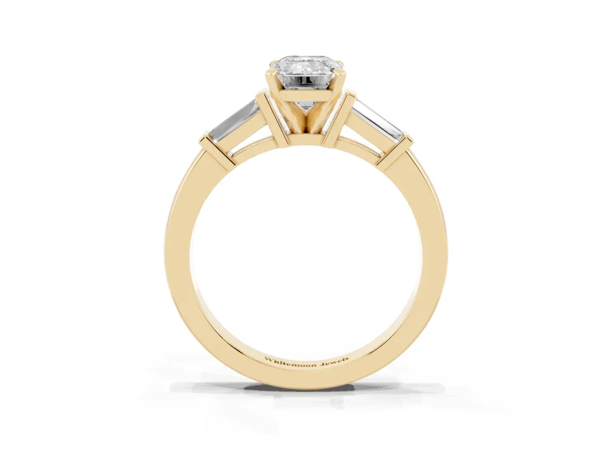 Emerald Cut Cut Diamond Solitaire Ring with Tapered Baguette Accents and Four-Prong Setting Yellow gold