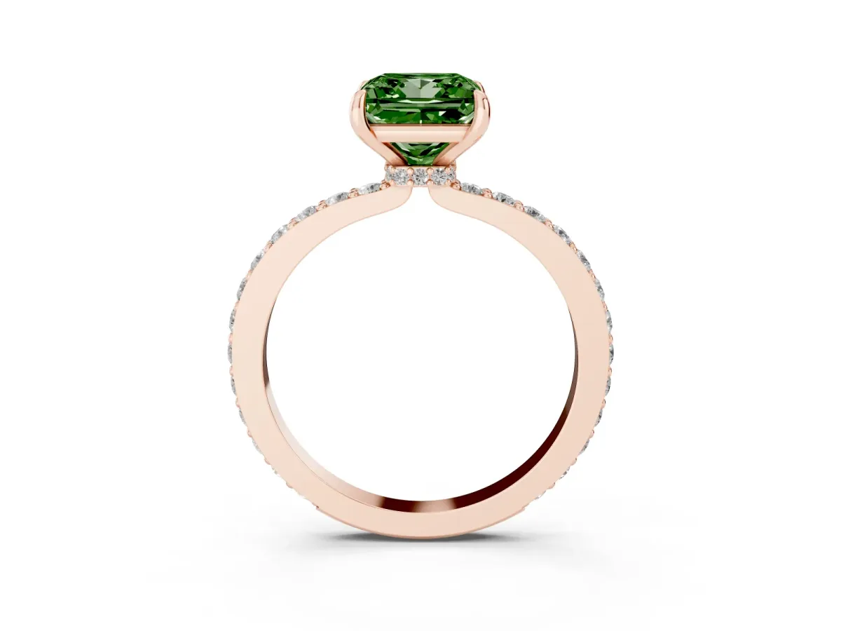 Fancy Green Princess Cut Diamond Solitaire Engagement Ring with Pavé Band and Four-Prong Setting Rose gold