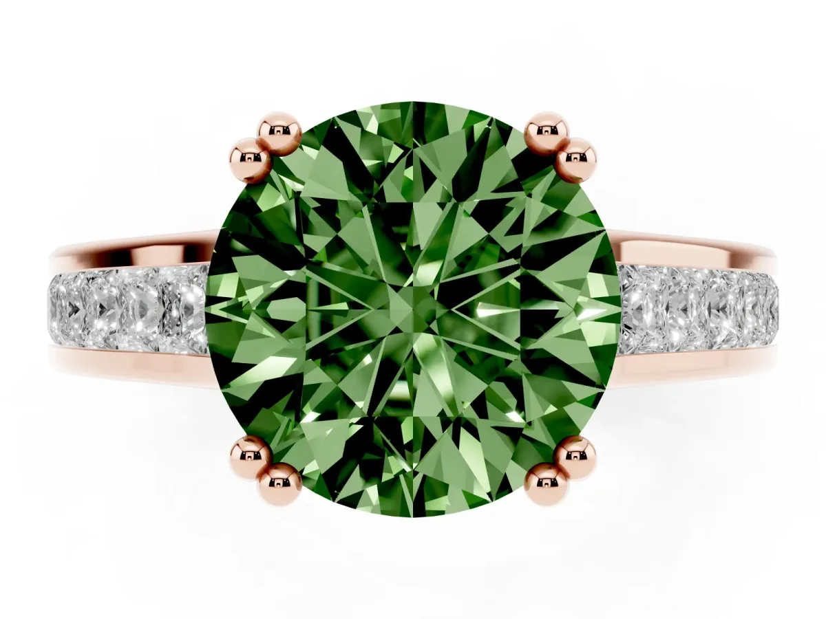 Fancy Green Round Cut Cut Channel Set Solitaire Engagement Ring with Prong Setting Rose gold