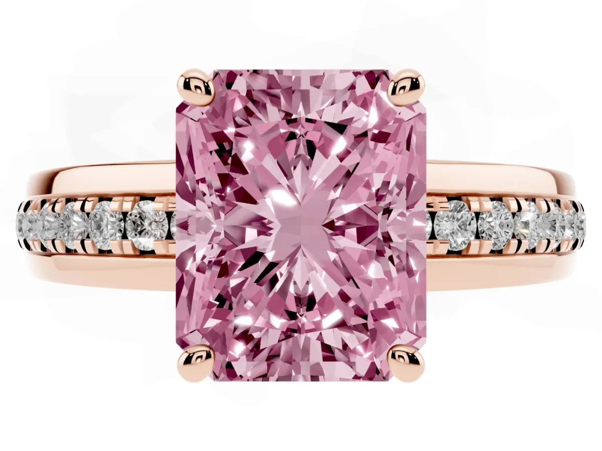 Fancy Pink Radiant Cut Solitaire Diamond Ring with Channel Set Band and Six-Prong Setting Rose gold