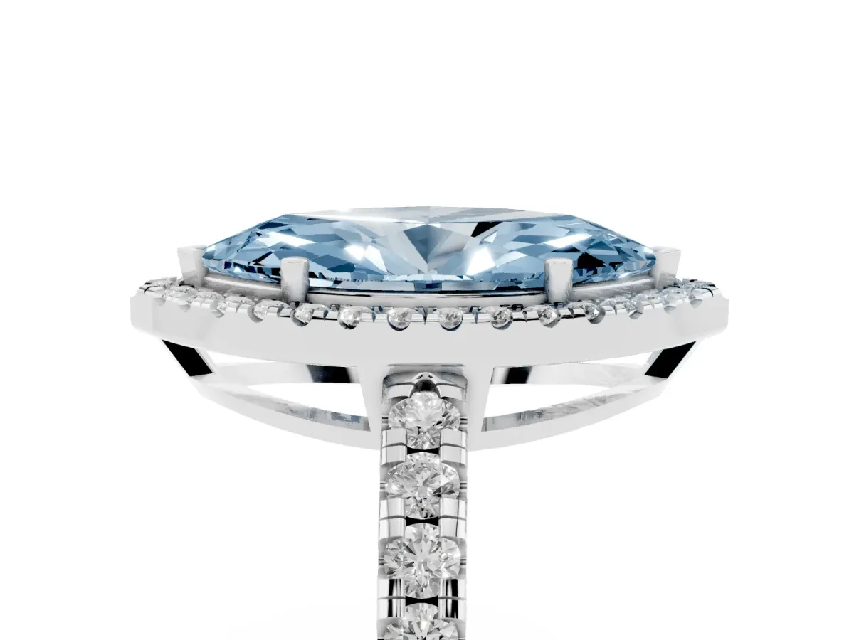 Fancy Blue Marquise Cut Diamond Halo Ring with Pavé Band and Four-Prong Setting White gold